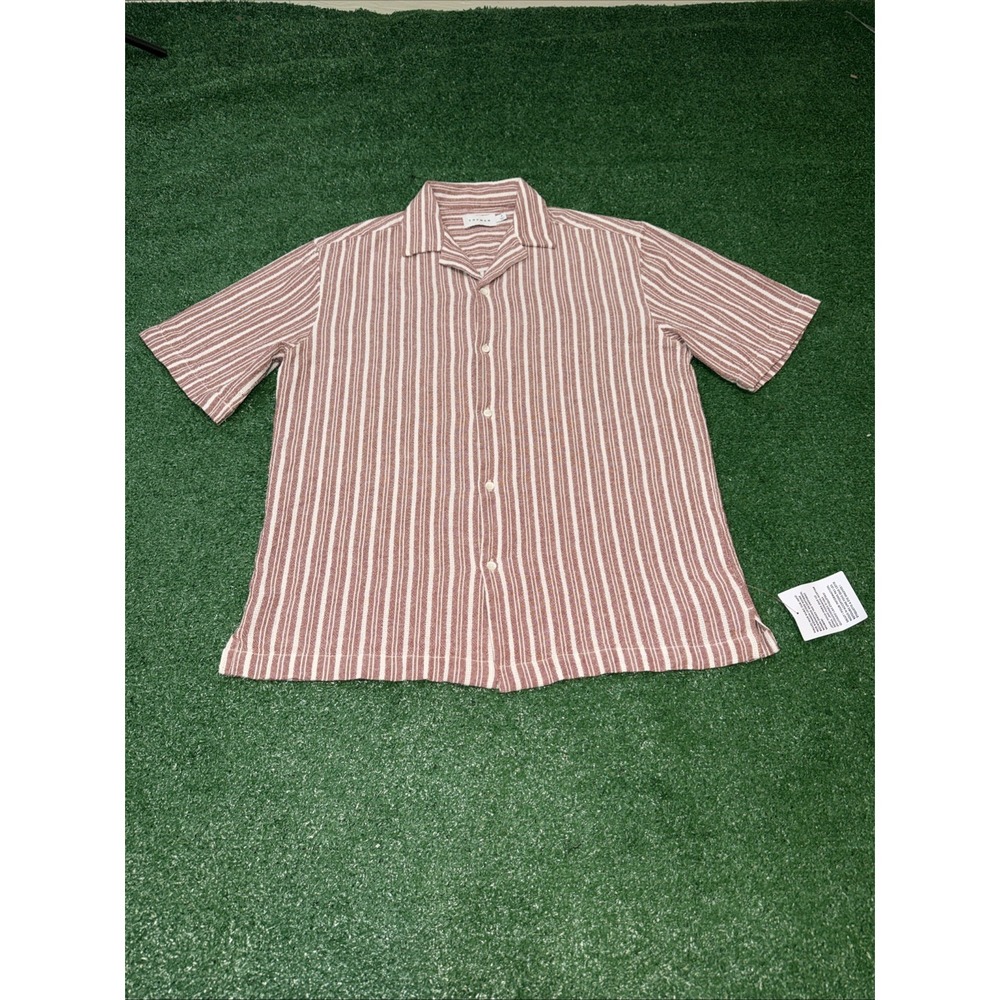TOPMAN Men's Small Red White Striped Short Sleeve Camp Collar Shirt